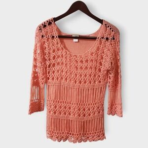Daytrip Womens Crochet Open Knit Festival Sweater Coral Pink Scoop Neck Sz S